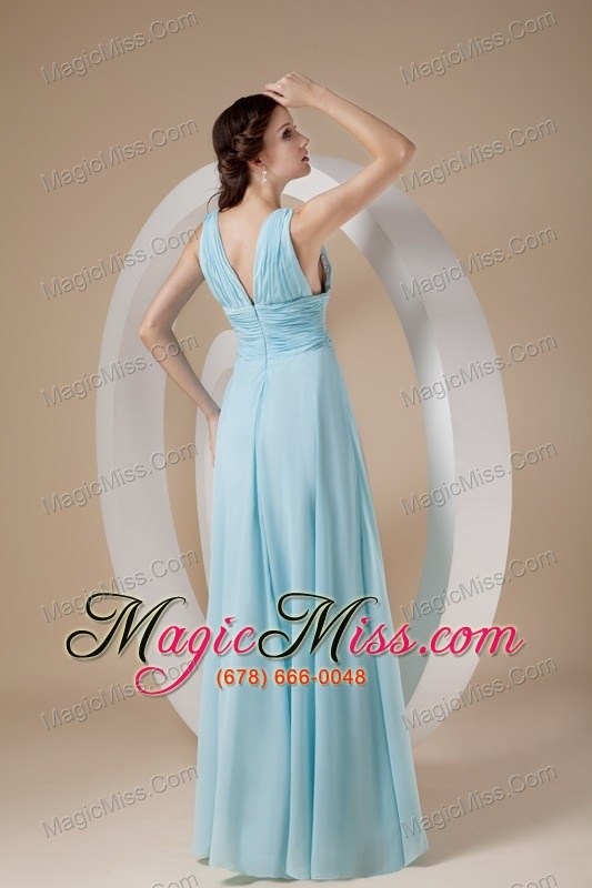wholesale aqua column / sheath v-neck floor-length chiffon ruch prom dress