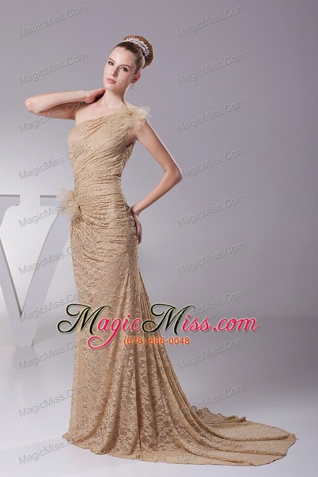 wholesale hand made flowers decorate one shoulder lace brush train 2013 prom dress