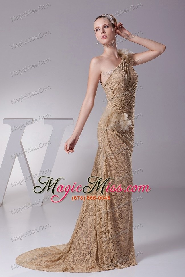 wholesale hand made flowers decorate one shoulder lace brush train 2013 prom dress