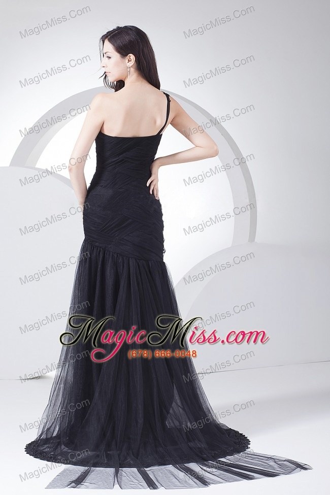 wholesale appliques and ruching decorate bodice one shoulder black tulle and taffeta prom dress for 2013 brush train