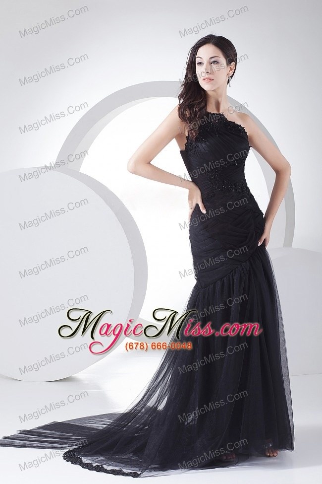 wholesale appliques and ruching decorate bodice one shoulder black tulle and taffeta prom dress for 2013 brush train