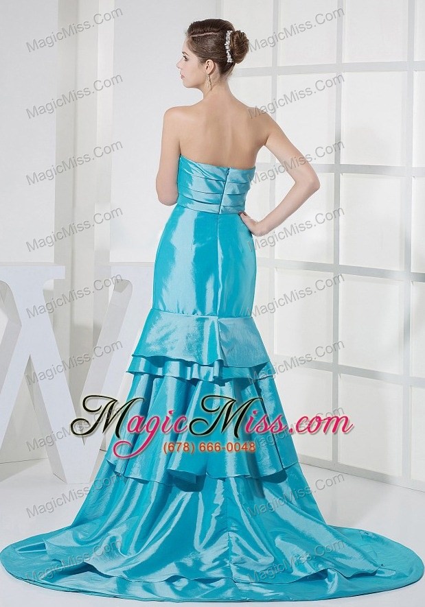 wholesale ruffled layers decorate bodcie prom dress for formal evening aqua blue brush train