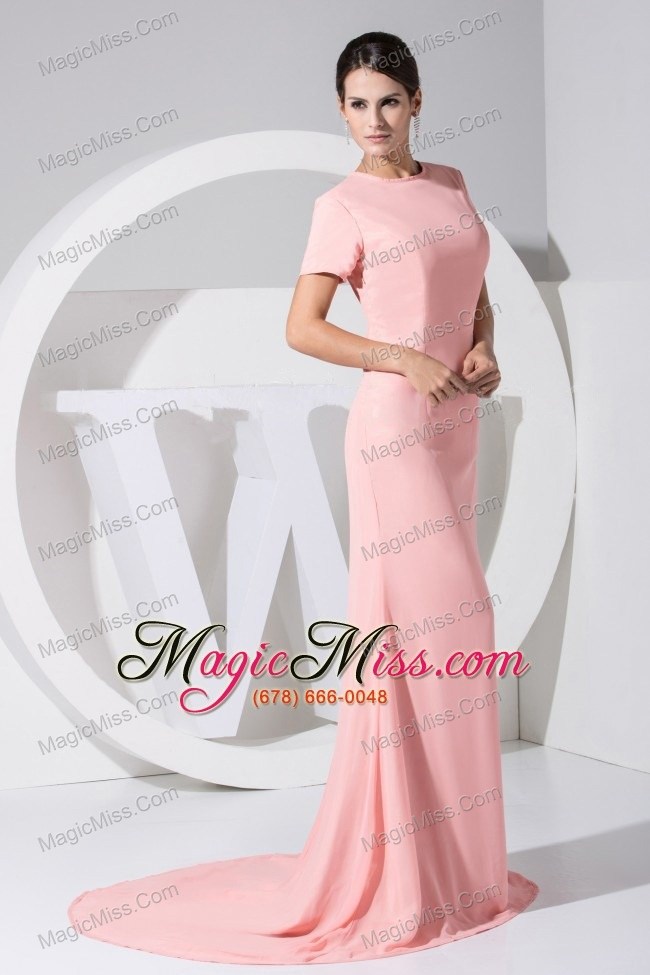 wholesale beading decorate scoop neckline brush train light pink chiffon 2013 prom dress