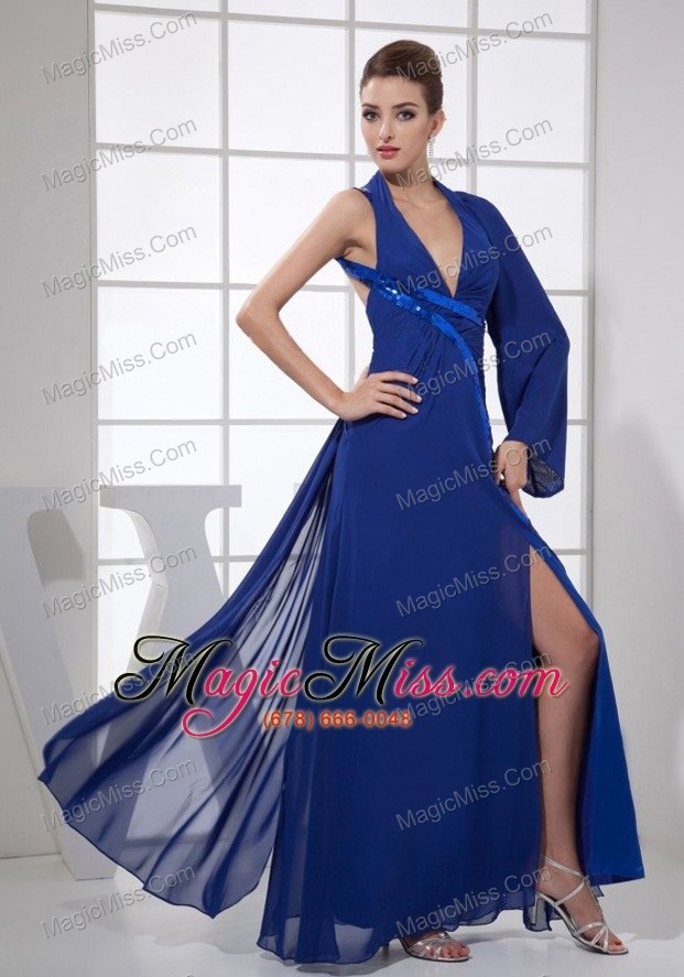 wholesale sequins v-neck ankle-length blue chiffon high slit 2013 prom dress