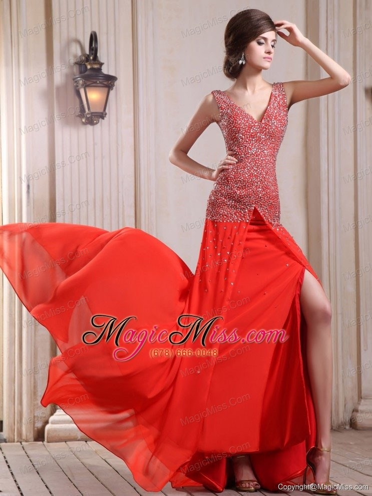wholesale red prom / evening dress with beaded decorate up bodice high slit court train chiffon v-neck