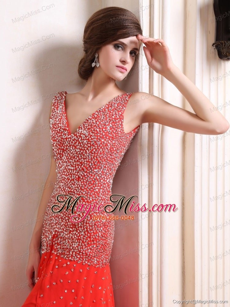 wholesale red prom / evening dress with beaded decorate up bodice high slit court train chiffon v-neck