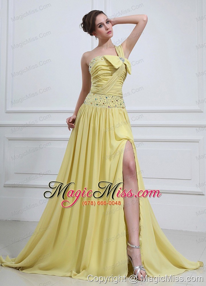 wholesale yellow green prom / evening dress with one shoulder beaded high slit chiffon brush train