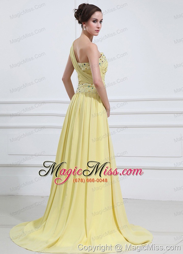 wholesale yellow green prom / evening dress with one shoulder beaded high slit chiffon brush train