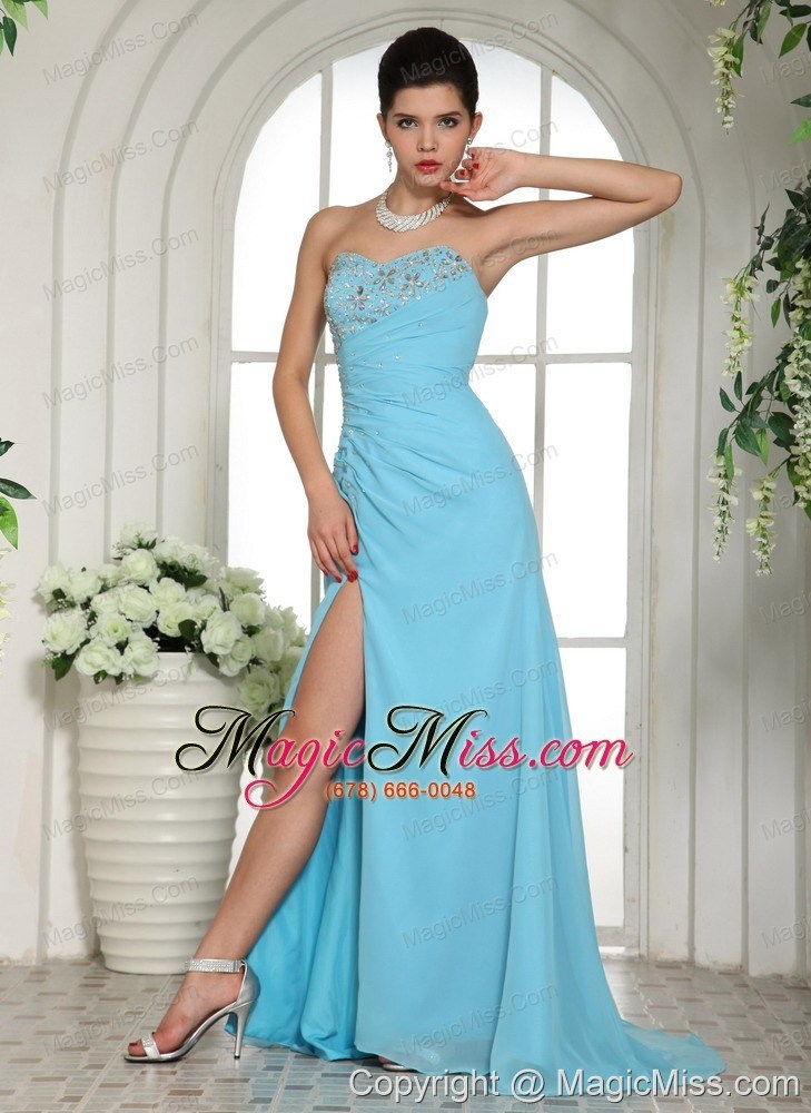 wholesale high slit sweetheart beaded for aqua blue prom / evening dress brush train customize