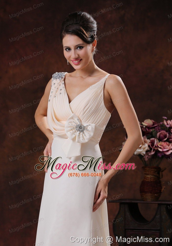 wholesale champagne v-neck watteat train chiffon prom dress with beaded and bow decorate in paradise valley arizona