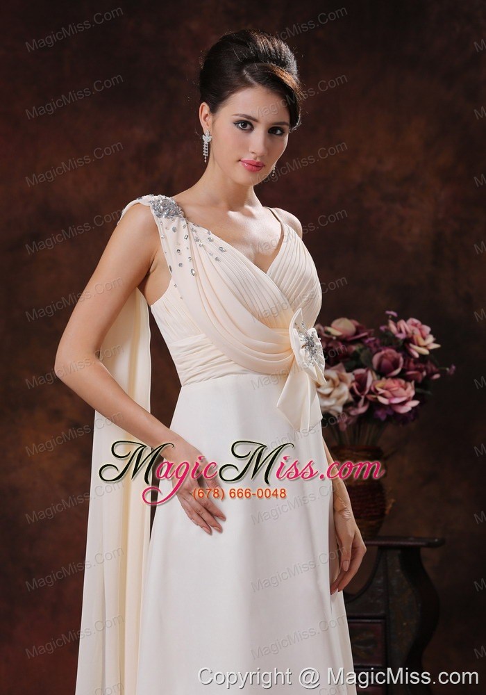 wholesale champagne v-neck watteat train chiffon prom dress with beaded and bow decorate in paradise valley arizona