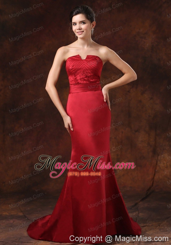 wholesale custom made mermaid red satin prom dress with brush train strapless for 2013 prom in rosario