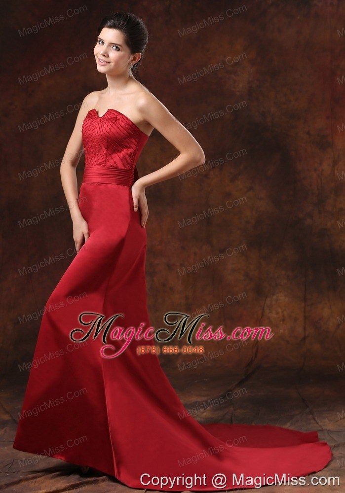 wholesale custom made mermaid red satin prom dress with brush train strapless for 2013 prom in rosario