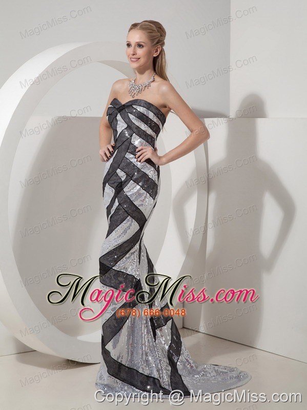 wholesale black and silver mermaid sweetheart brush train sequin prom dress
