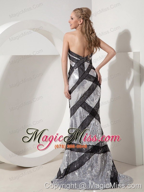 wholesale black and silver mermaid sweetheart brush train sequin prom dress