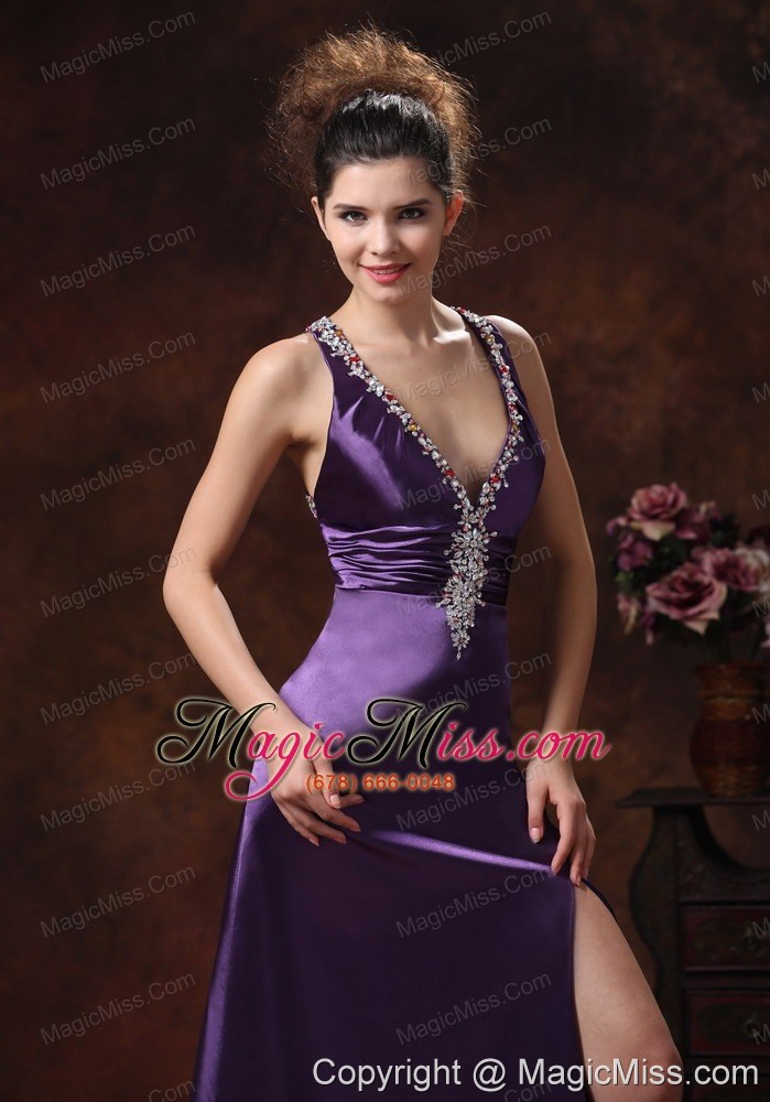 wholesale high slit v-neck beaded decorate shoulder purple in jackson for custom made