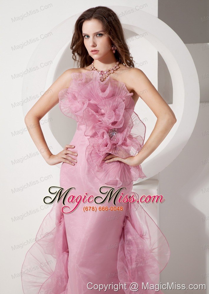 wholesale rose pink mermaid strapless brush train organza beading prom dress