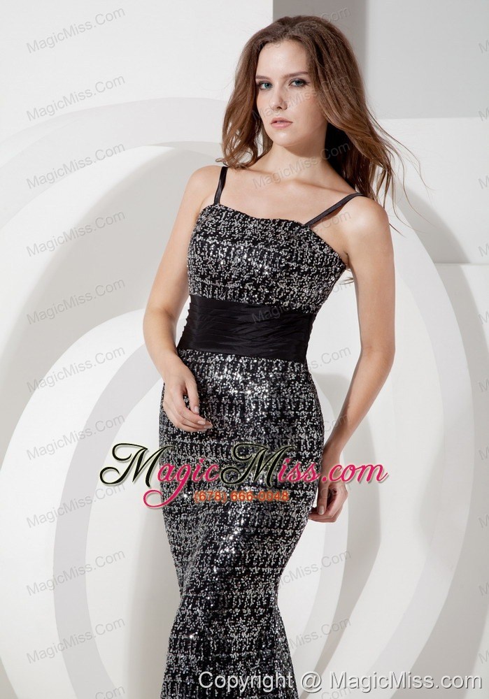 wholesale black mermaid spaghetti straps brush train sequin belt prom dress