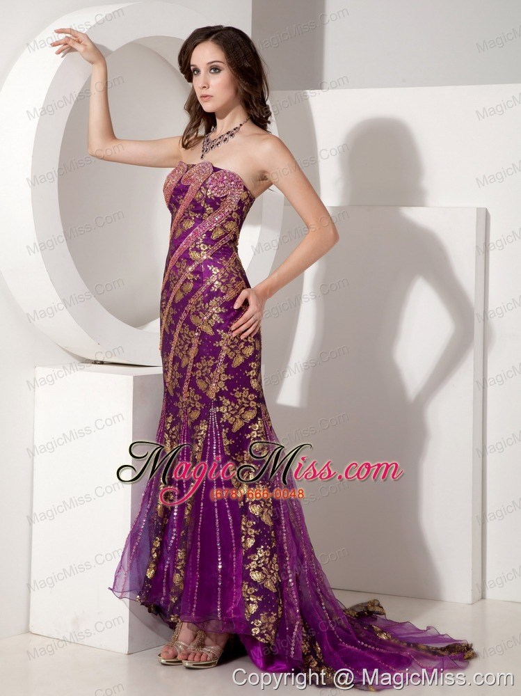 wholesale purple and gold trumpet / mermaid strapless court train special fabric beading prom dress