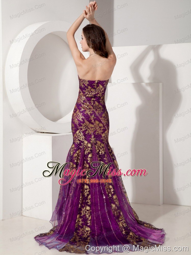 wholesale purple and gold trumpet / mermaid strapless court train special fabric beading prom dress