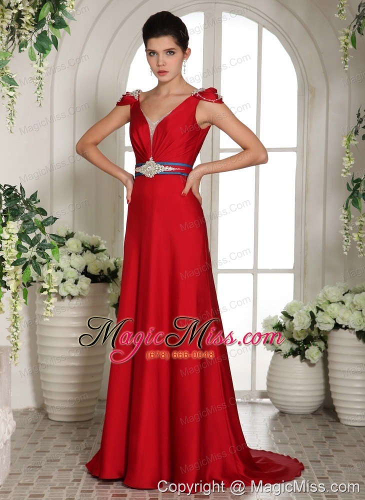 wholesale 2013 v-neck cap sleeves red beading and ruch evening gowns with brush train
