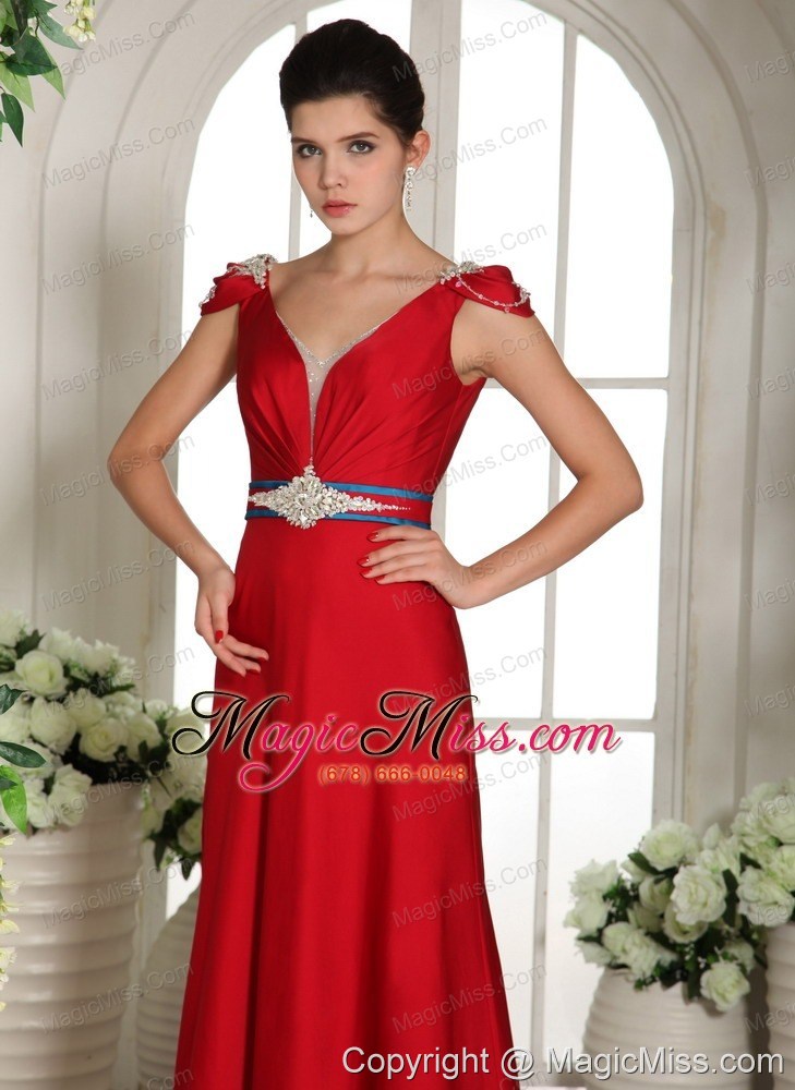wholesale 2013 v-neck cap sleeves red beading and ruch evening gowns with brush train