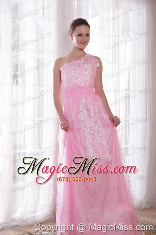 wholesale pink column / sheath one shoulder floor-length tulle and taffeta embroidery and rhinestones prom / evening dress