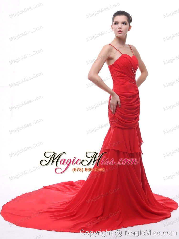 wholesale spaghetti straps red beaded decorate and ruch 2013 prom dress with court train