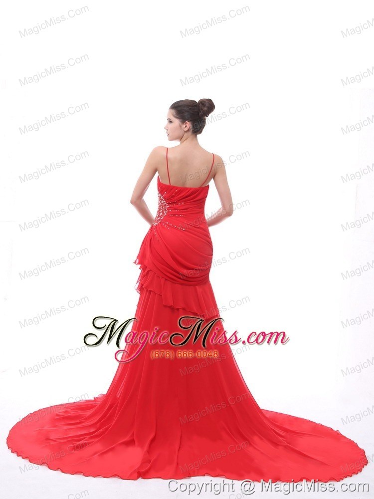 wholesale spaghetti straps red beaded decorate and ruch 2013 prom dress with court train