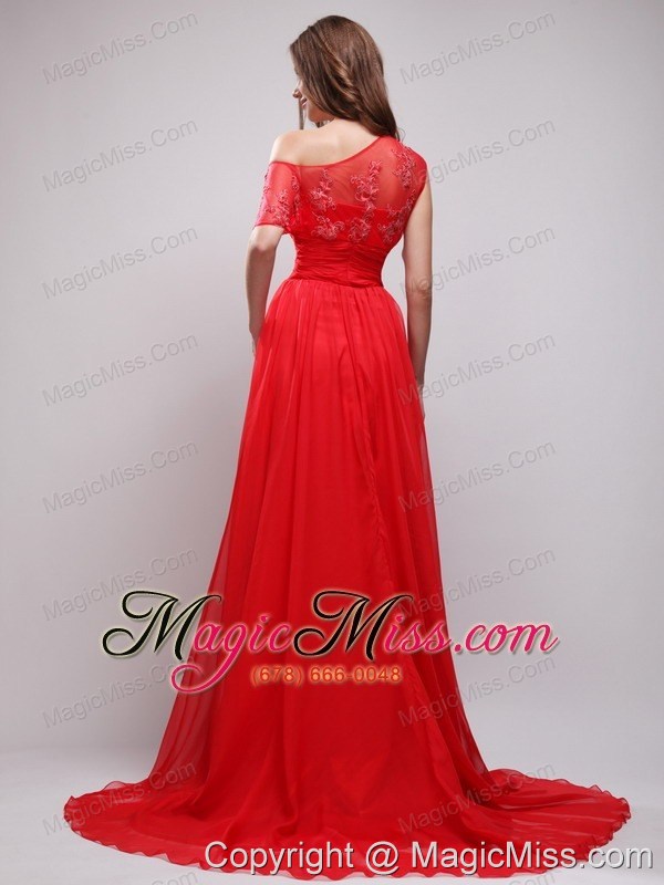 wholesale red empire asymmetrical brush train chiffon appliques prom / evening dress