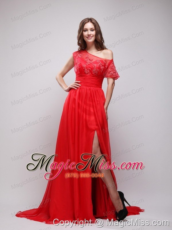 wholesale red empire asymmetrical brush train chiffon appliques prom / evening dress