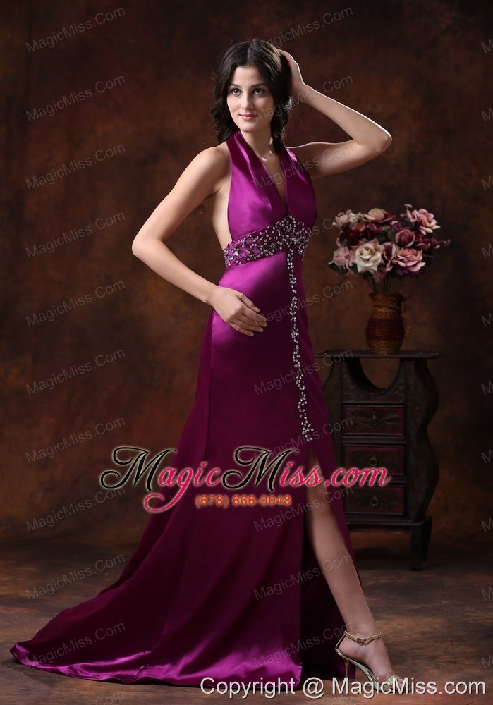 wholesale 2013 new style hot in willcox arizona high slit prom dress with fushsia halter brush train beaded decorate on satin