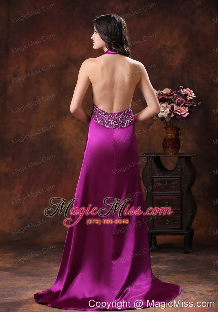 wholesale 2013 new style hot in willcox arizona high slit prom dress with fushsia halter brush train beaded decorate on satin
