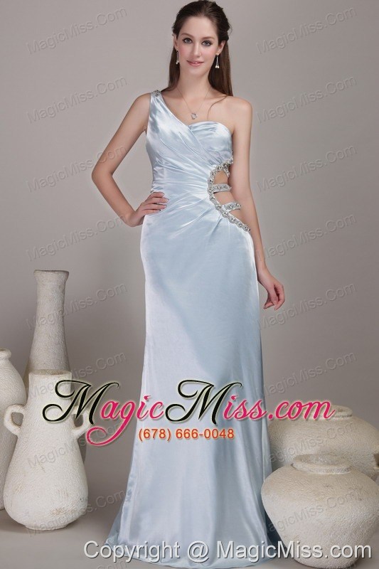 wholesale light blue column/sheath one shoulder floor-length taffeta beading prom dress