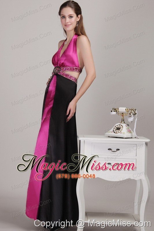 wholesale fuchsia empire halter ankle-length elastic woven satin beading prom dress