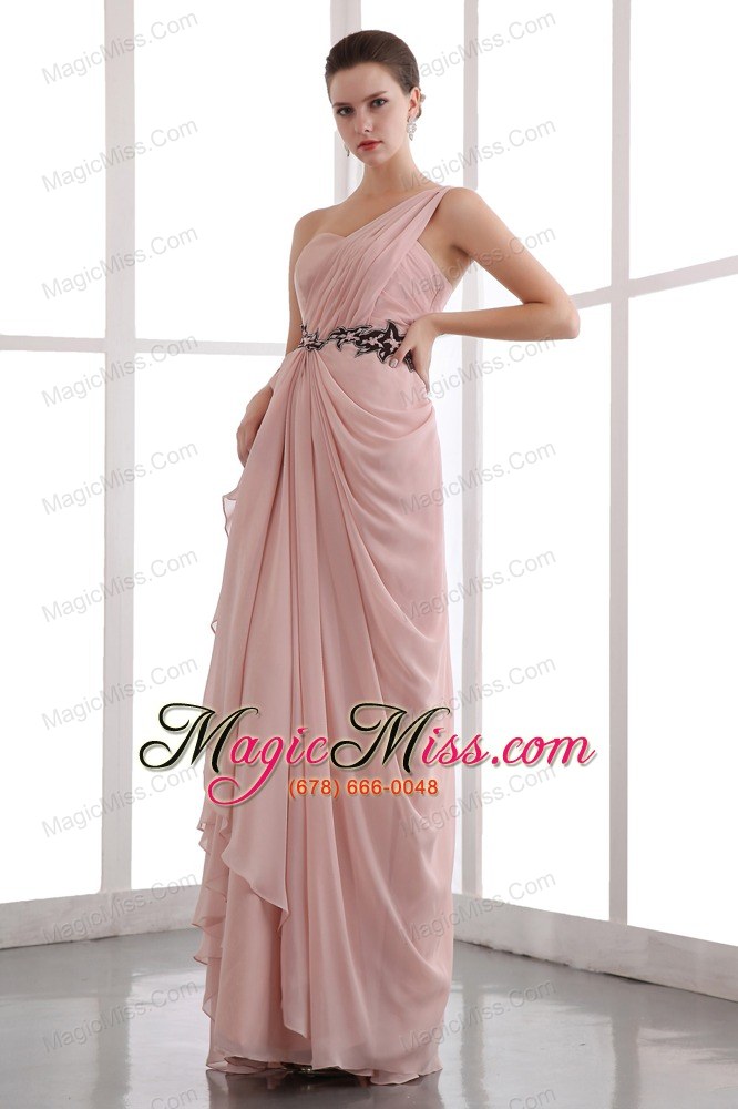 wholesale peach puff one shoulder chiffon prom dress with black appliques