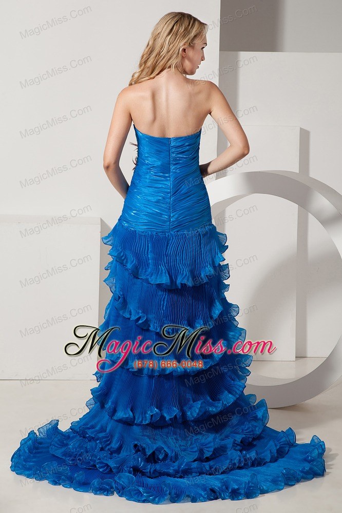 wholesale royal blue column sweetheart beading ruffles prom dress court train organza