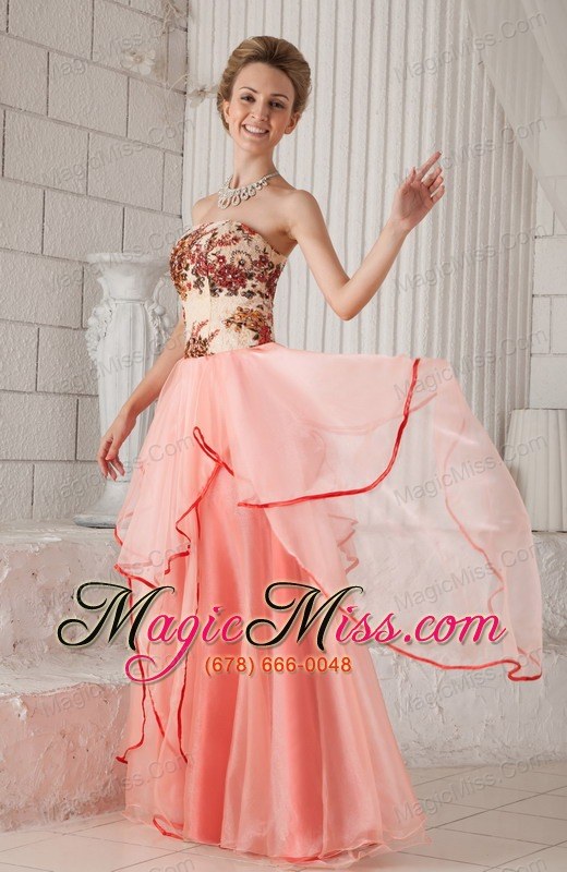 wholesale watermelon column / sheath strapless floor-length organza appliques prom / evening dress