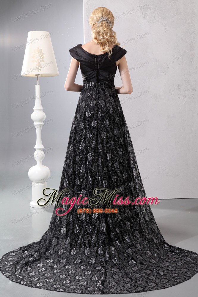 wholesale black a-line v-neck chapel train lace beading prom dress