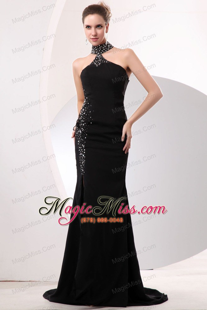 wholesale black mermaid high-neck brush train taffeta beading prom / evening dress
