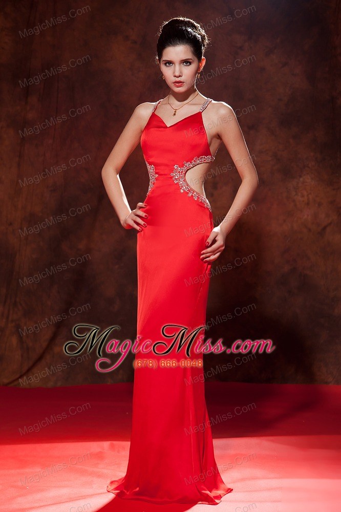 wholesale red column / sheath straps brush train chiffon beading prom dress