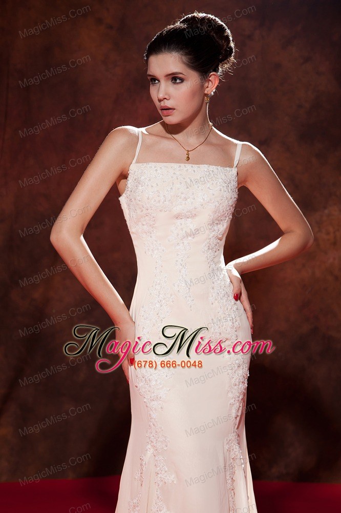 wholesale elegant white mermaid spaghetti straps celebrity dress brush train chiffon embroidery