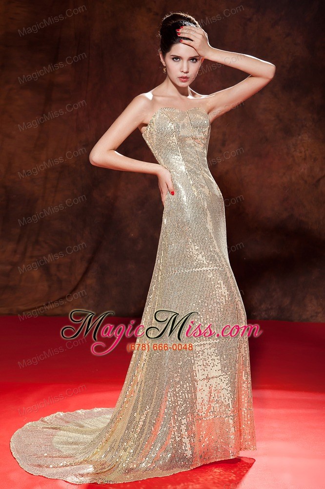 wholesale champagne empire sweetheart brush train sequin prom dress