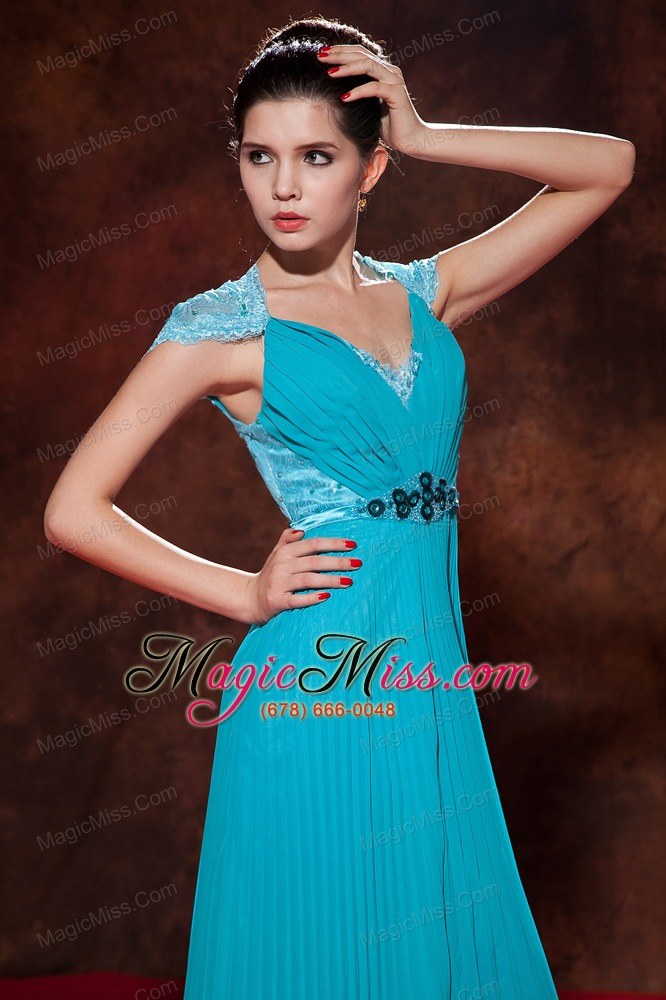 wholesale teal empire v-neck floor-length chiffon beading and pleat prom dress