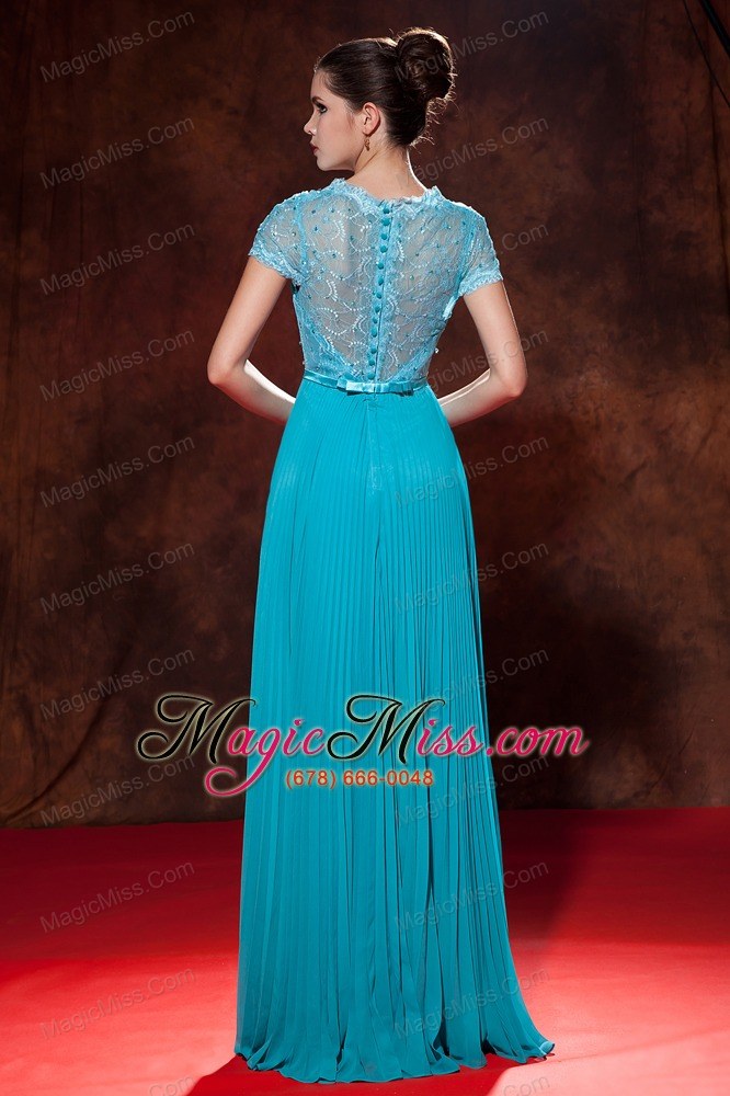 wholesale teal empire v-neck floor-length chiffon beading and pleat prom dress