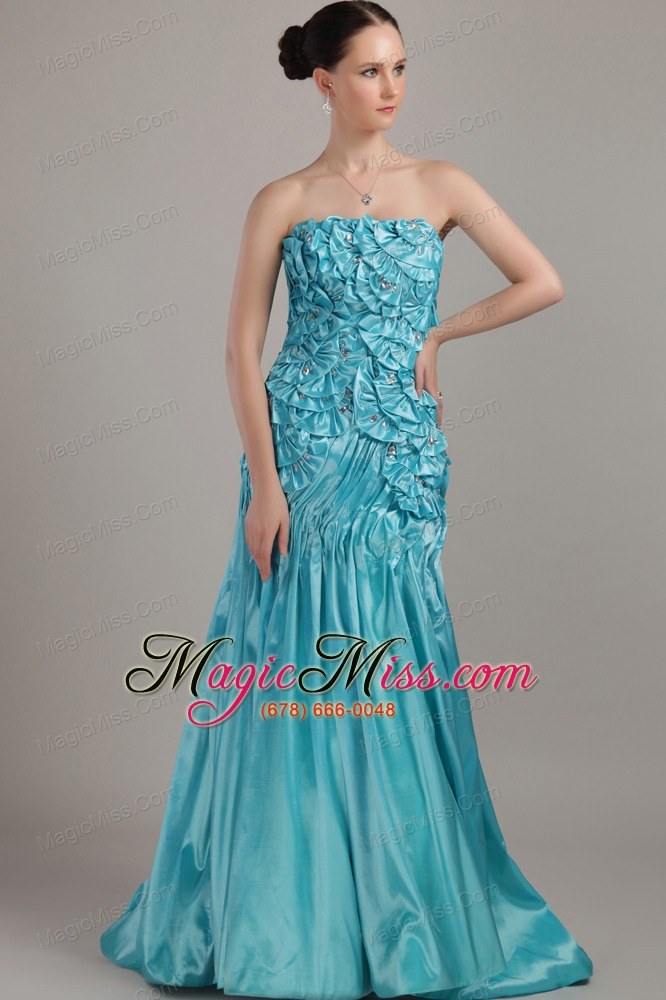 wholesale teal a-line strapless brush train taffeta beading and ruch prom dress