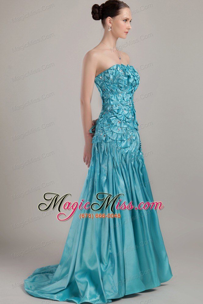 wholesale teal a-line strapless brush train taffeta beading and ruch prom dress