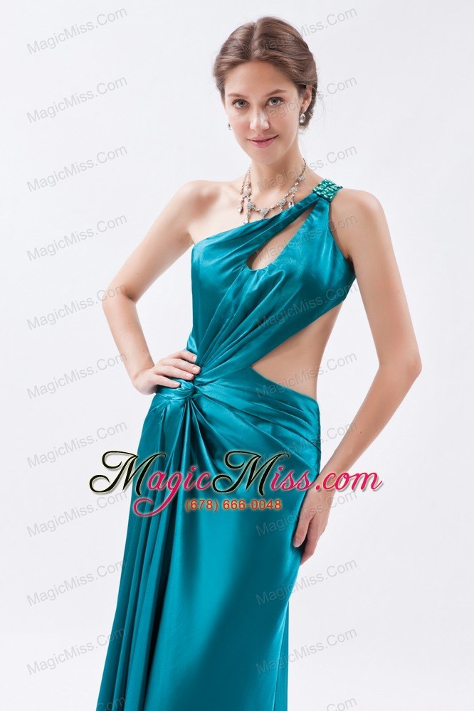 wholesale teal column / sheath one shoulder prom dress elastic woven satin beading and ruch floor-length