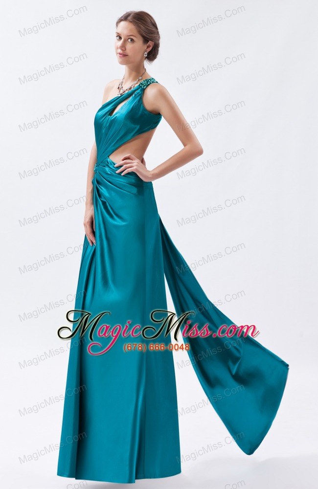 wholesale teal column / sheath one shoulder prom dress elastic woven satin beading and ruch floor-length