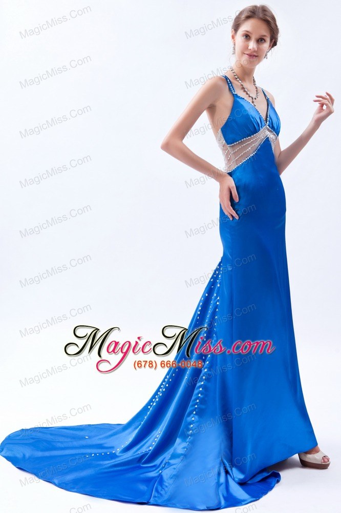 wholesale royal blue column / shearth straps prom dress taffeta beading brush train